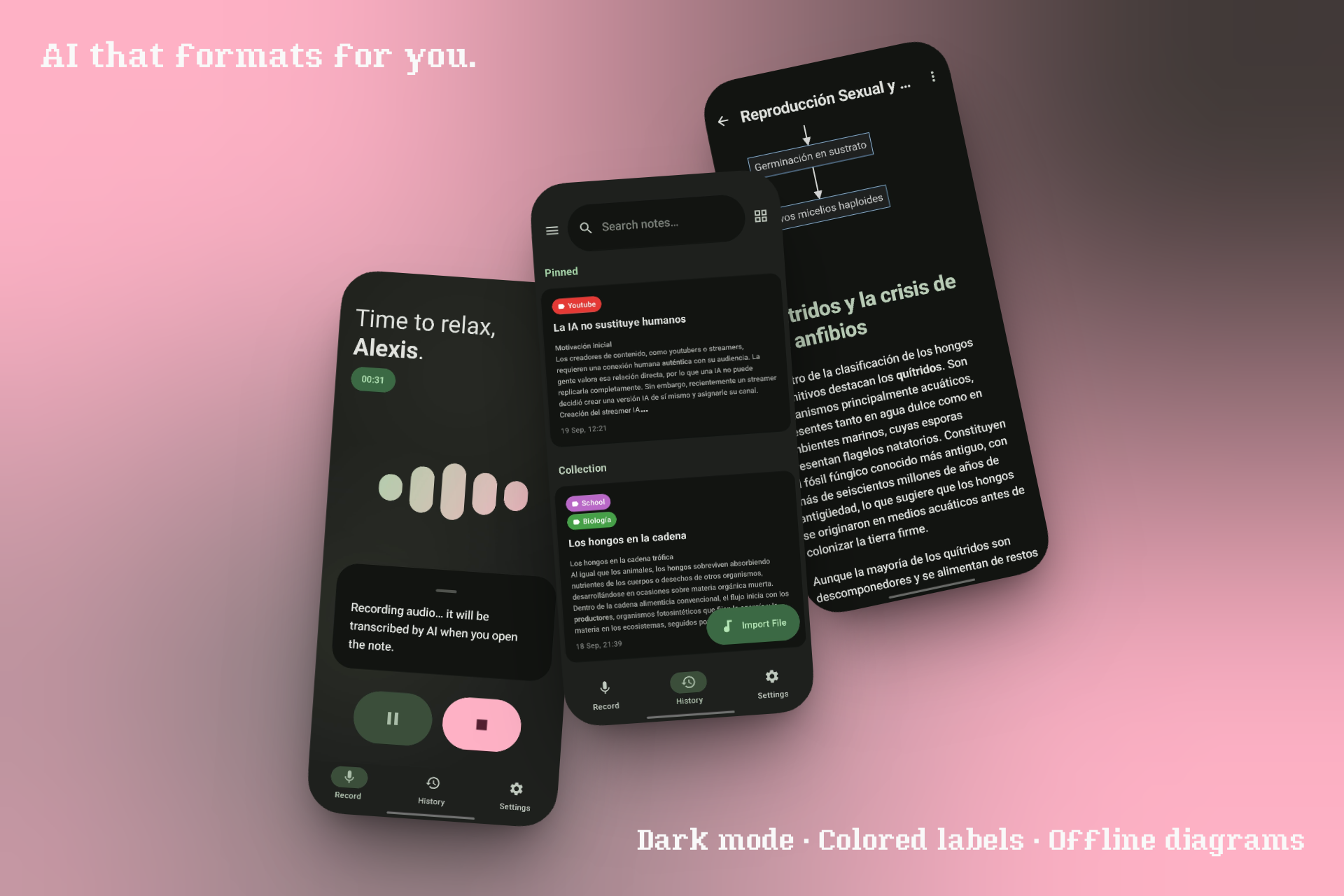 Dark mode, colored labels, offline diagrams